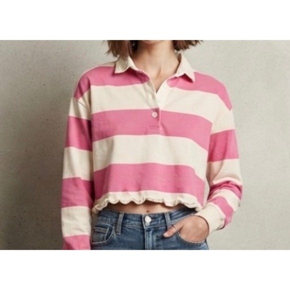 Thread & Supply Tops - Thread & Supply Magenta Striped Crop Rugby Shirt Ruffle Hem Small